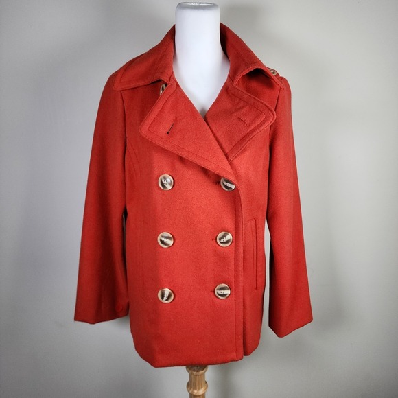 Gap‎ Wool Pea Coat Womens Medium Double Breasted Penny Lane Colorful Orange Fall - Picture 2 of 16